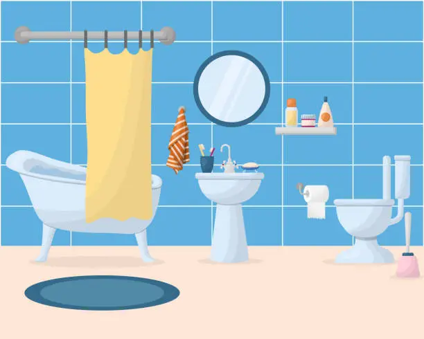 Vector illustration of bathroom interior with furniture. Home interior items - a bathtub, a round mirror, a washbasin, a toilet.
