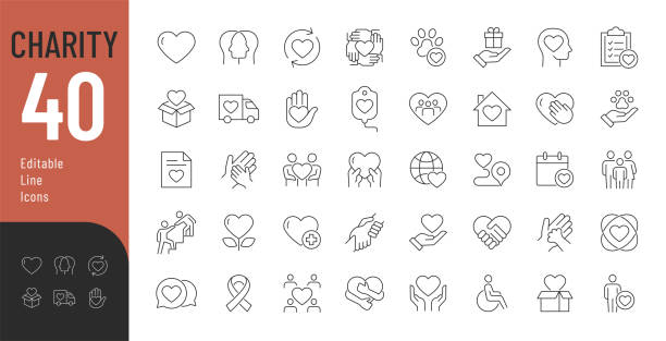 Charity Line Editable Icons set. Vector illustration in modern thin line style of philanthropic icons: almsgiving, dole, welfare, donation, contribution, humanism, altruism. Isolated on white. benefits stock illustrations
