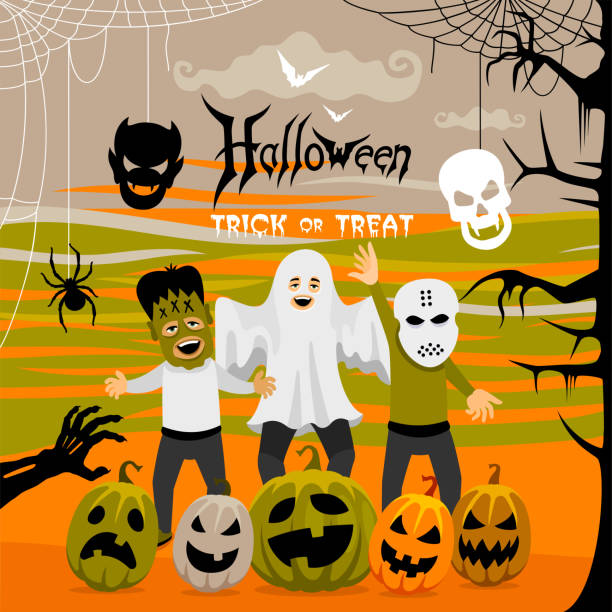 ilustraciones, imágenes clip art, dibujos animados e iconos de stock de cartel de halloween. truco o tratos. - running mummified horror spooky