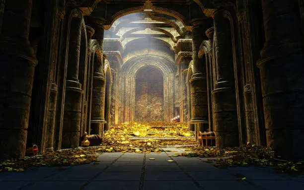 Photo of Treasury hall. treasure trove of gold coins And chests and treasure boxes pile up. Treasuries, kingdoms and castles. The concept of finding lost ancient treasures. 3d rendering