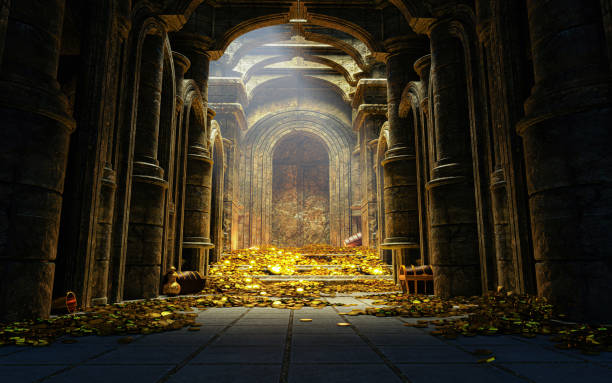 treasury hall. treasure trove of gold coins and chests and treasure boxes pile up. treasuries, kingdoms and castles. the concept of finding lost ancient treasures. 3d rendering - antiquities imagens e fotografias de stock