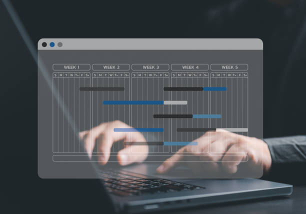 istock Engineer or Project manager uses laptop computer to make proceeding report concept. Site manager uses planning software to make Gantt chart schedule for updating progress of work and operations tasks. 1705575026