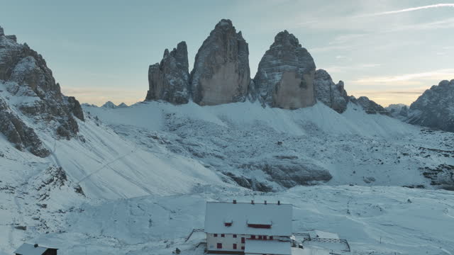 Aerial view of Tre Cime di Lavaredo in winter