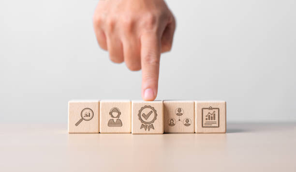 istock Best product and service for customers, Quality control, satisfaction. Wooden cube with top service quality assurance 5 stars icons. Guarantee, ISO Standards certification and standardization concept. 1705581829