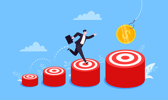 Businessman runs and jumps from small target goal to reach bigger target goal achievement flat style design vector illustration. Career growth and ladder of success path objective business concept.