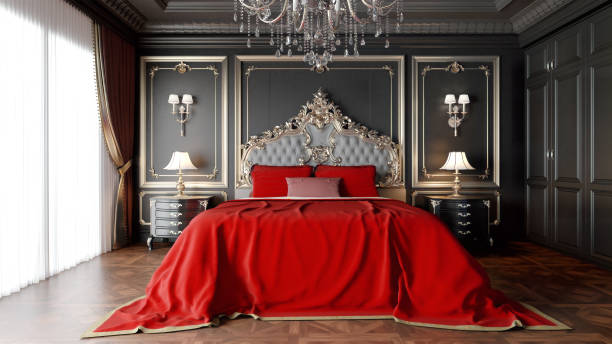 istock Black classic style bedroom with red bedding.3d rendering 1705582437