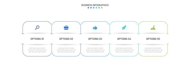 illustrations, cliparts, dessins animés et icônes de infographie chronologique avec infographique. modèle de présentation moderne avec 5 spets pour le processus métier. modèle de site web sur fond blanc pour un design moderne de concept. disposition horizontale. - five in a row