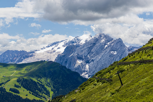 A view of the Marmolada and the countryside into Val di Fassa