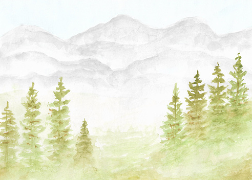 Watercolor painting nature background of forest with fog, mountain and sky on paper. illustration landscape for environment or spring, summer and season. copy space. Hand painted texture style.