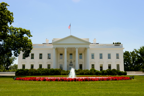 The front facade of the White House, home of the President of the US in Washington, DC.