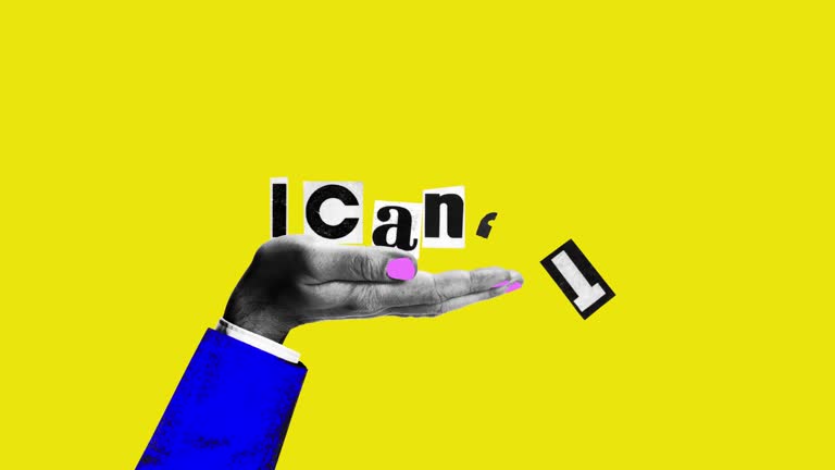 Stop motion, animation. with motivated businessman, office worker holding word inscription on yellow color background. Banner with copy space for text