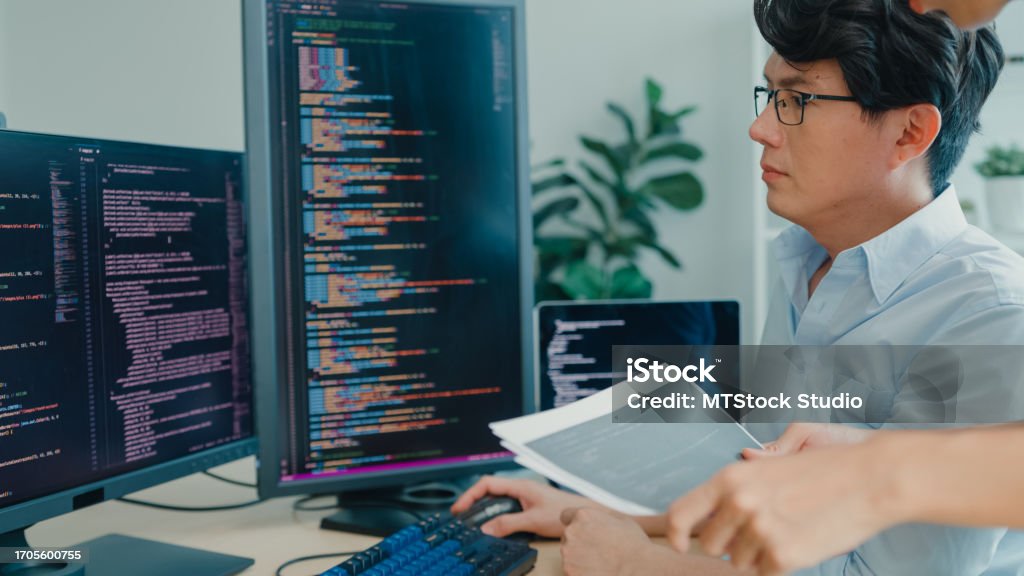 Closeup Group Of Asian People Software Developers Using Computer To ...