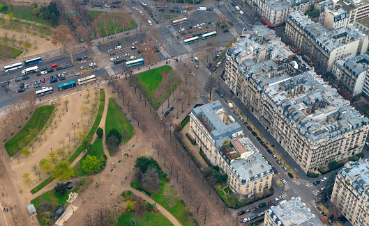 Aerial view of Paris streets and buildings.