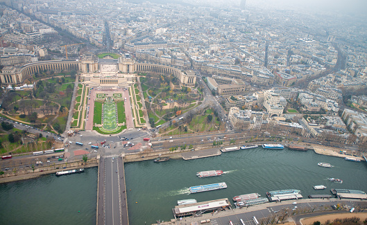 Aerial view of Paris streets and buildings.