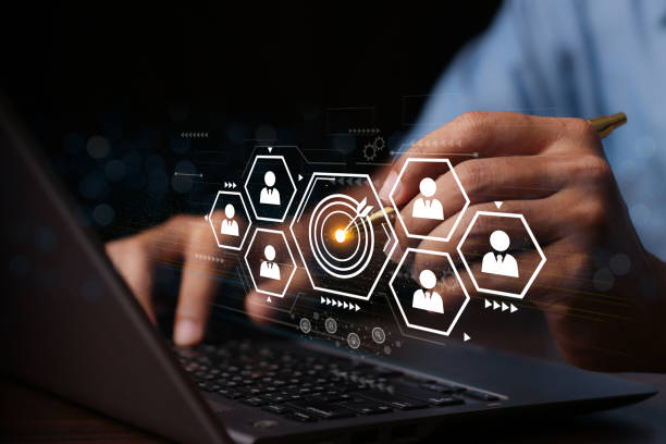 istock White dartboard and White arrow connection linkage with human icon for customer focus target group and customer relation management concept. 1705624153
