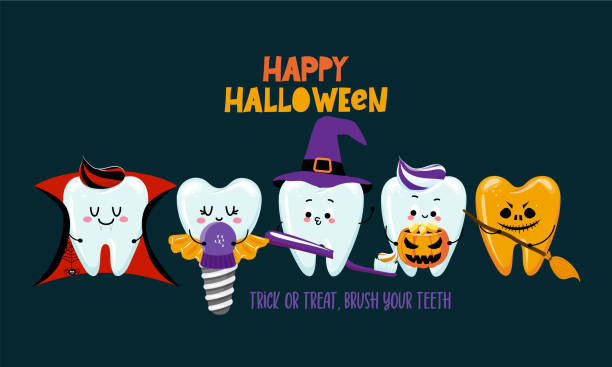 Art & Illustration Trick or treat, brush your teeth - Tooth in witch costume with broom and witch hat. Happy Halloween illustration. Good for prints on t-shirt and bag, poster, card. Dental prevention for children. cartoon devil with speech bubble stock illustrations