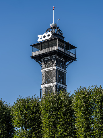 Frederiksberg, Denmark - September 24, 2023: The famous Zoo Tower in Copenhagen Zoo. The wooden tower was built in 1904-05, designed by Theodor Andreas Hirth