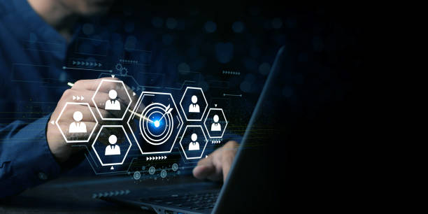istock White dartboard and White arrow connection linkage with human icon for customer focus target group and customer relation management concept. 1705651812