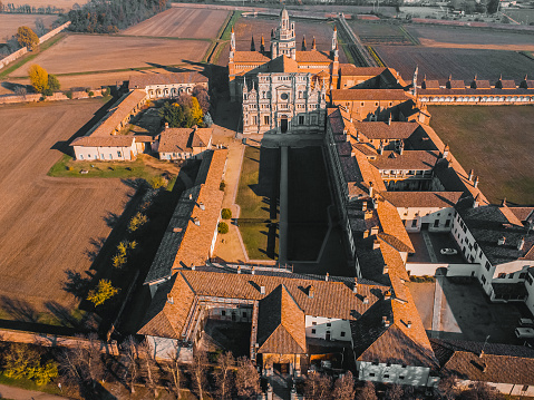 Certosa di Pavia, Italy. Drone photography in autumn
