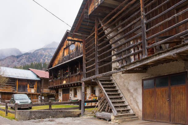 Traditional wooden houses in the historic mountain village of Cima Sappada in Carnia in Udine Province, Friuli-Venezia Giulia, north east Italy