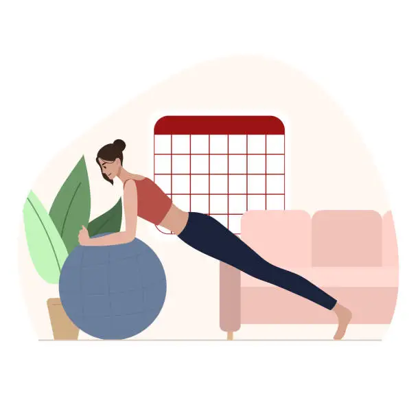 Vector illustration of Young woman in sportswear, exercise with yoga, by lying on fitness ball for healthcare slim fit and body weight control at home. Fit girl workout with fitness ball in plank position in gym. Active female practice workout in fitness for healthy body. Sport