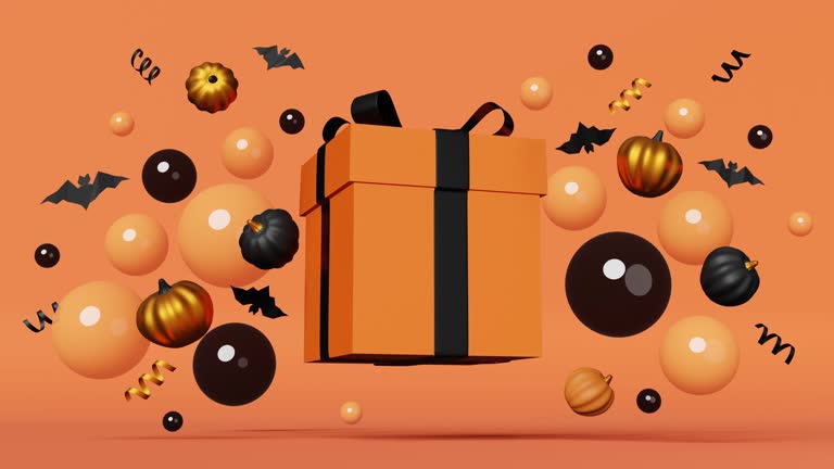 Halloween sale Pumpkins gift box black flying bats floating bubbles ribbons 3D animation loop. Thanksgiving shopping autumn holiday discount promo banner social media ads. Levitating surprise package