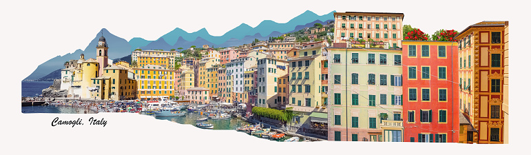 Colorful buildings and beach at Camogli on sunny summer day, Liguria, Italy. Collage