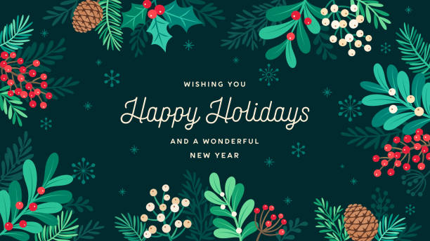 Holiday Christmas Background with Mistletoe Branches,Pinecones, Berries and Snowflakes Holiday, Christmas card with mistletoe branches, holly leaves, pinecones, evergreen branches, berries and snowflakes on a dark blue colored background. Greeting card, invitation template. Wallpaper stock illustrations
