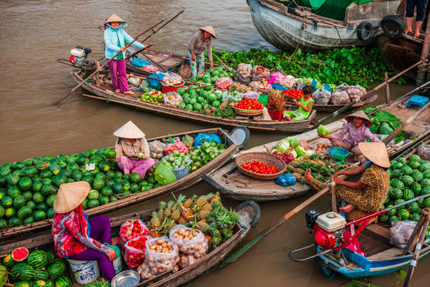 вьетнамские женщины, продающие фрукты на плавучем рынке, дельта реки меконг, вьетнам - река меконг стоковые фото и изображения