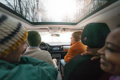 Group of friends on a winter road trip