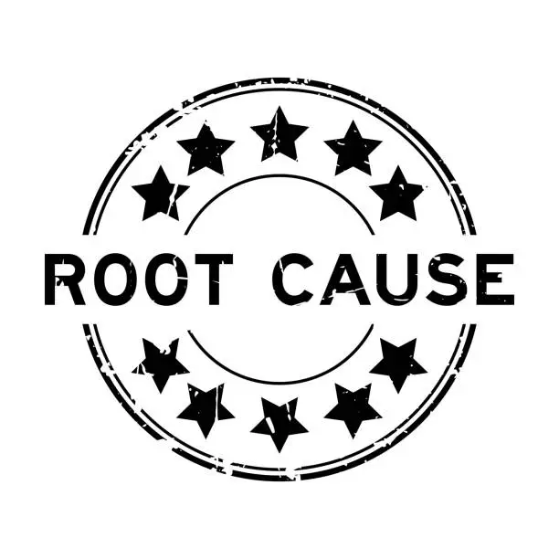 Vector illustration of Grunge black root cause word with star icon round rubber seal stamp on white background