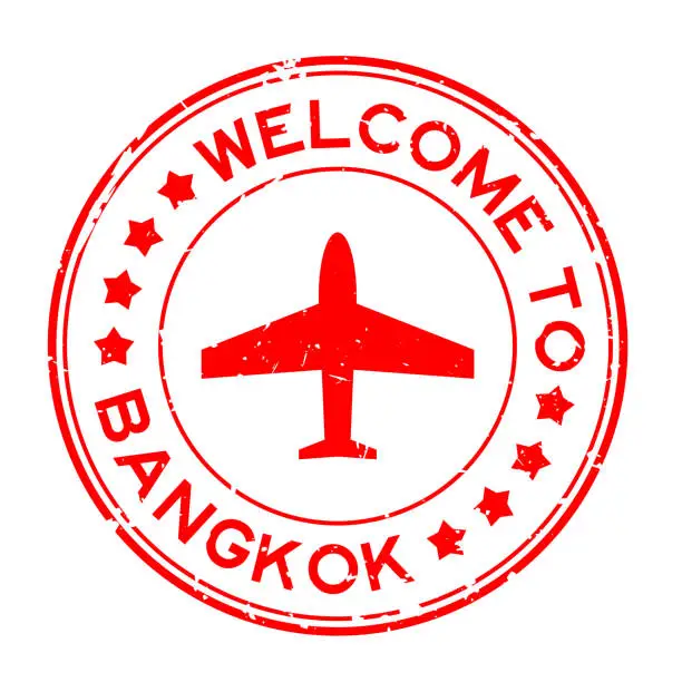 Vector illustration of Grunge red welcome to bangkok with airplane icon round rubber seal stamp on white background