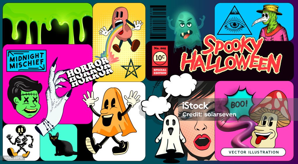 Spooky Character Vector Spooky Halloween Characters And Sticker Collection Stock Illustration ...