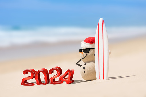 Watching waves with a surfboard and spreading beachside bliss. New years concept, with 3d 2024 numbers