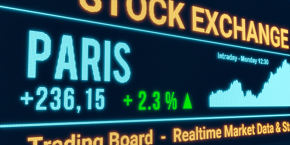 Paris, stock market moving up. Positive stock exchange data, rising chart on the screen. Green percentage sign, profit and investment. 3D illustration