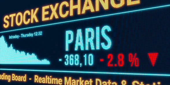 Paris, stock market moving down. Negative stock exchange data, falling chart on the screen. Red percentage sign, loss and investment. 3D illustration