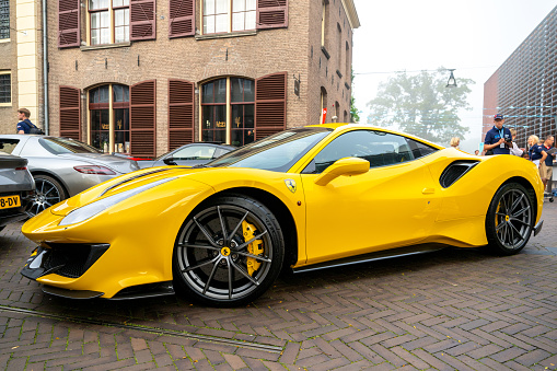 Ferrari 488 Pista sports car in the streets of Zwolle. The Pista is a high performance version of the Ferrari 488 GTB sports car.