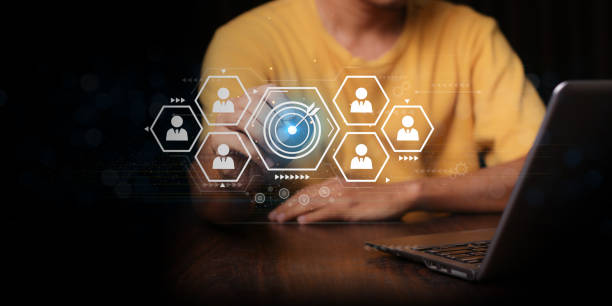 istock White dartboard and White arrow connection linkage with human icon for customer focus target group and customer relation management concept. 1705723829