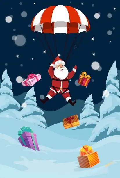 Vector illustration of Santa descends from the sky on a parachute, vector