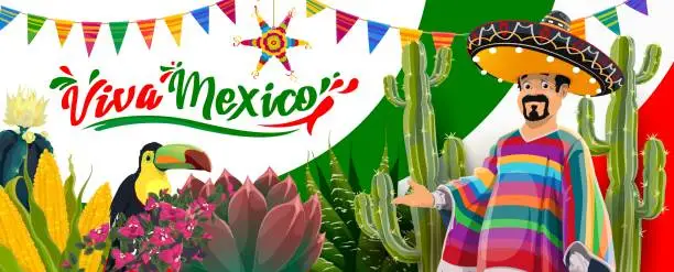 Vector illustration of Viva Mexico banner with Mexican cowboy character