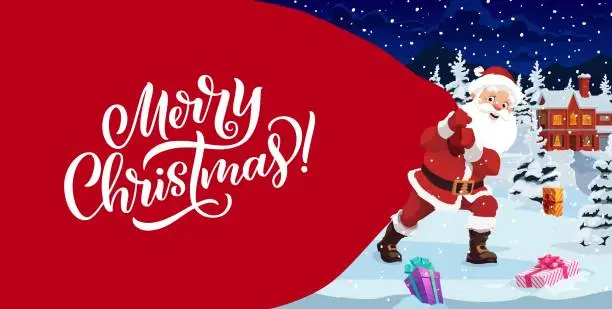 Vector illustration of Christmas banner, cartoon santa with big gifts bag