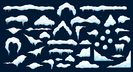 Cartoon christmas snow and ice caps with icicles. Isolated vector set of snowballs and snowdrifts. Winter snowy decoration elements. Long and short icy roof framing, window corners, piles and stripes