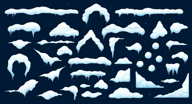 Cartoon christmas snow and ice caps with icicles Cartoon christmas snow and ice caps with icicles. Isolated vector set of snowballs and snowdrifts. Winter snowy decoration elements. Long and short icy roof framing, window corners, piles and stripes snowing stock illustrations