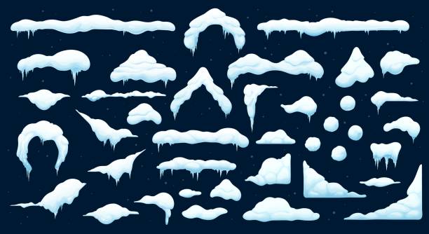 Cartoon christmas snow and ice caps with icicles Cartoon christmas snow and ice caps with icicles. Isolated vector set of snowballs and snowdrifts. Winter snowy decoration elements. Long and short icy roof framing, window corners, piles and stripes land formation drawings stock illustrations