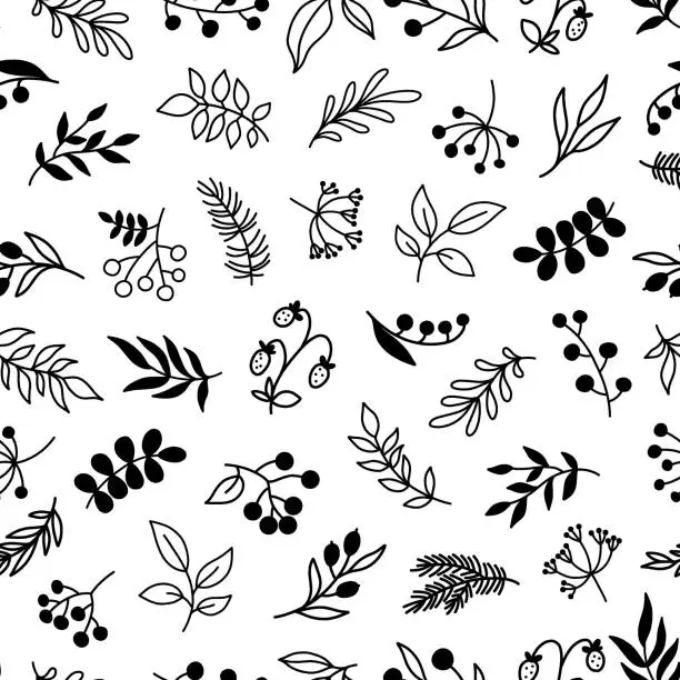 Vector illustration of Seamless pattern background with  branches, twigs with leaves, berries. Floral botanical elements. Hand drawn line vector illustration.