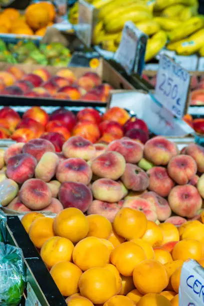 Monday market vegetables and fruits in the beautiful french village of Mirepoix during Springtime