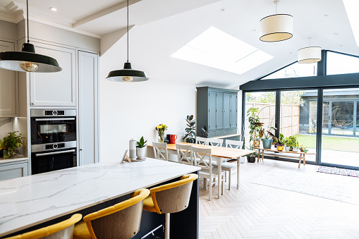 Scandinavian modern home interior with open space kitchen