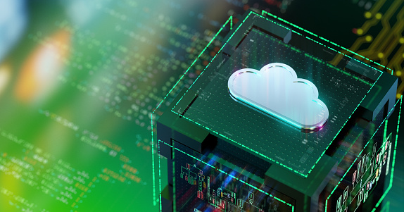 Cloud Computing and Technologies Background. Transforming Industries and Customer Service. A Look into the Future. Futuristic cloud icon and CPU. CGI 3D render