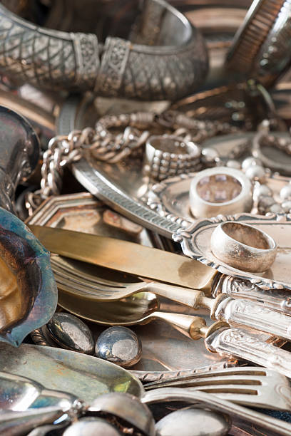 istock Antique Silverware and Old Silver Jewelry Background 170578622