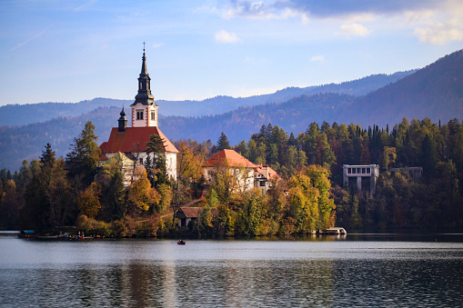 Landscape of beautiful lake Bled (Assumption of Maria Church) in Slovenia during autumn.